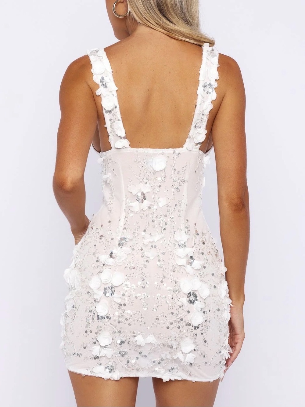 White Fox Boutique White Floral Sequin Mini Dress - Picture 2 of 3